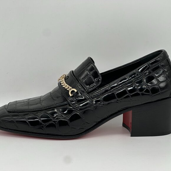 Christian Louboutin MJ MOC 50 Croc Leather Heeled Loafers Shoes Chain CL - Picture 6 of 16